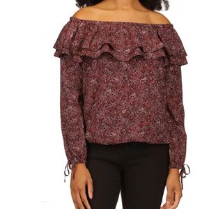 MICHAEL MICHAEL KORS Womens Maroon Ruffled Paisley Long Sleeve Off Shoulder Top